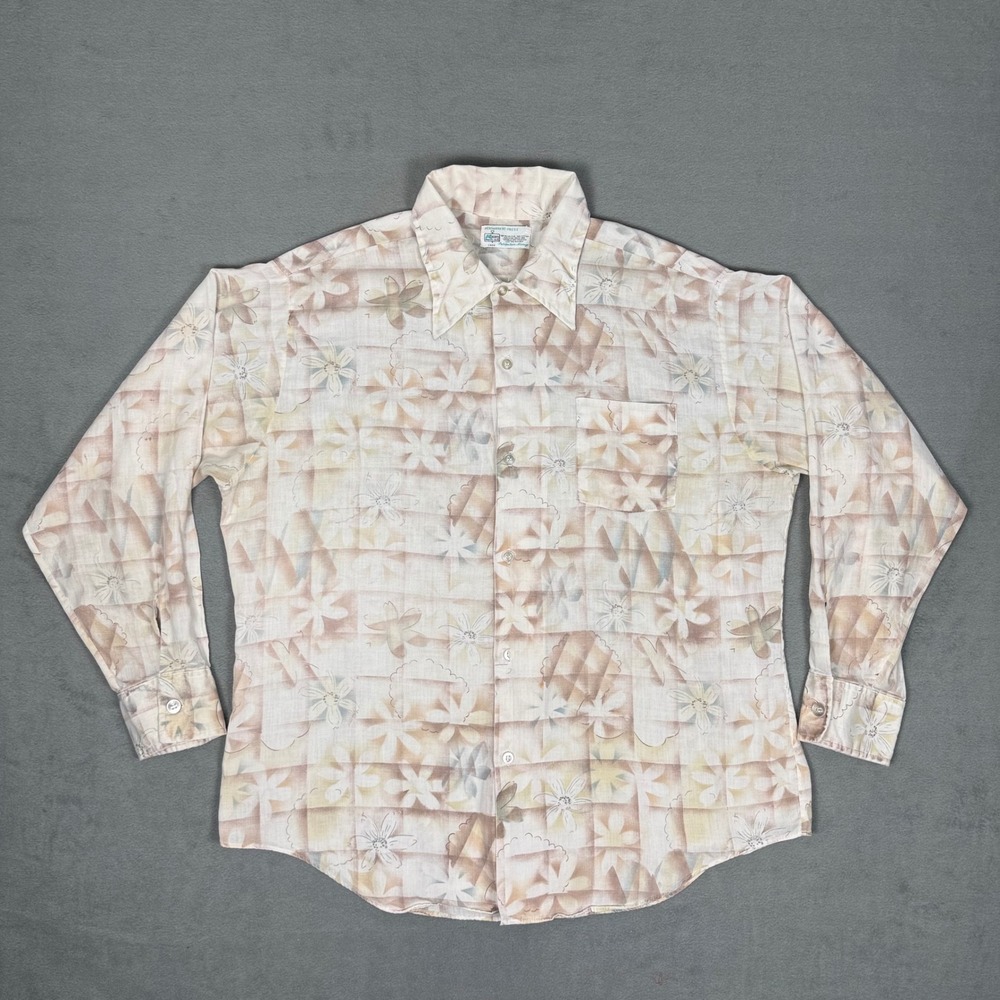 Vintage 70s Floral Button Up Shirt Mens M Disco Collar Earth Tone Groovy Print
